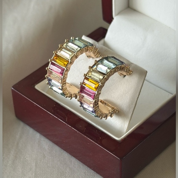 Plunder Multicolor Pastel Rainbow Baguette Rhinestone Hoop Earrings - Picture 1 of 14